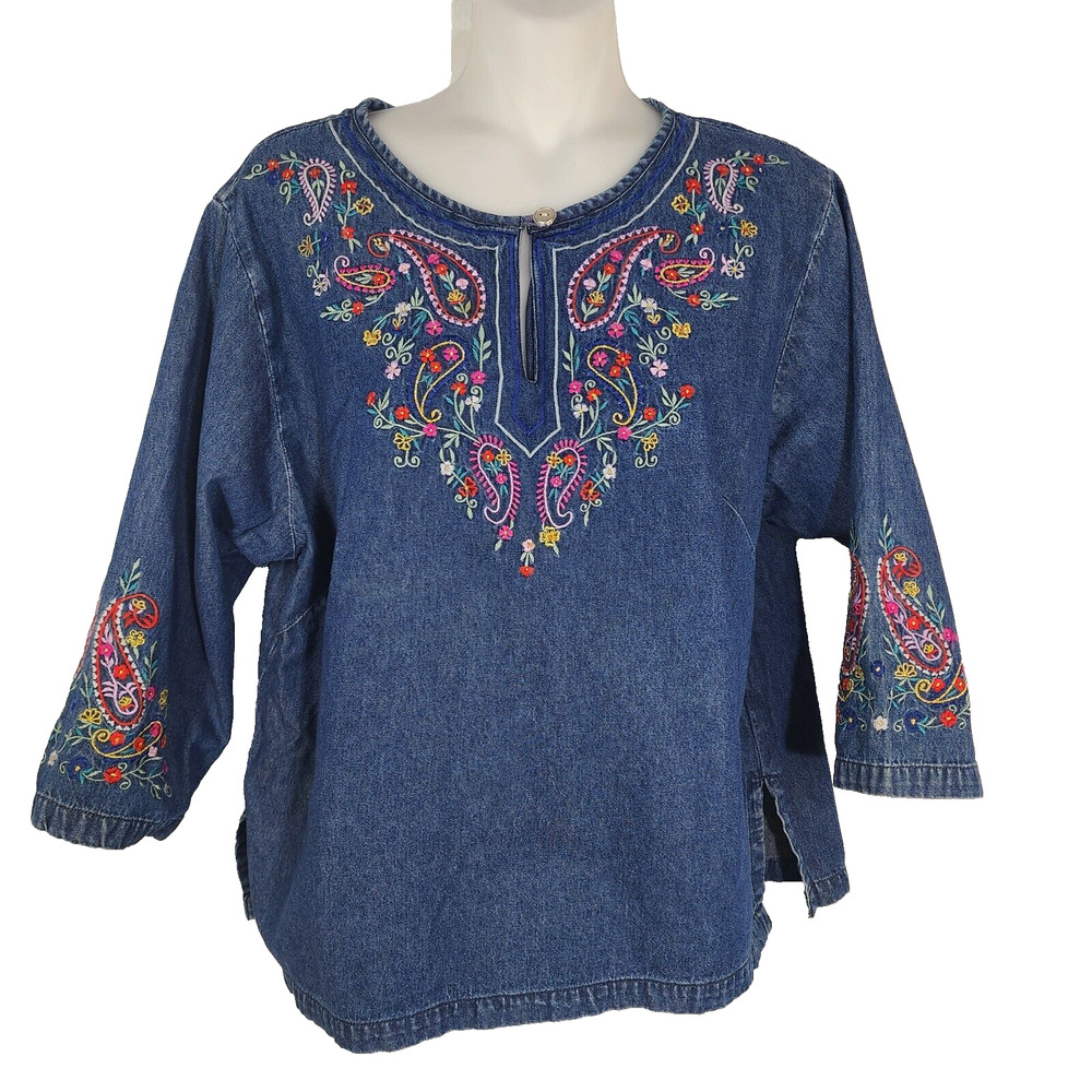 Vintage Two Twenty Top Women's M Denim Paisley Floral Embroidery 90s Y2K Cottage